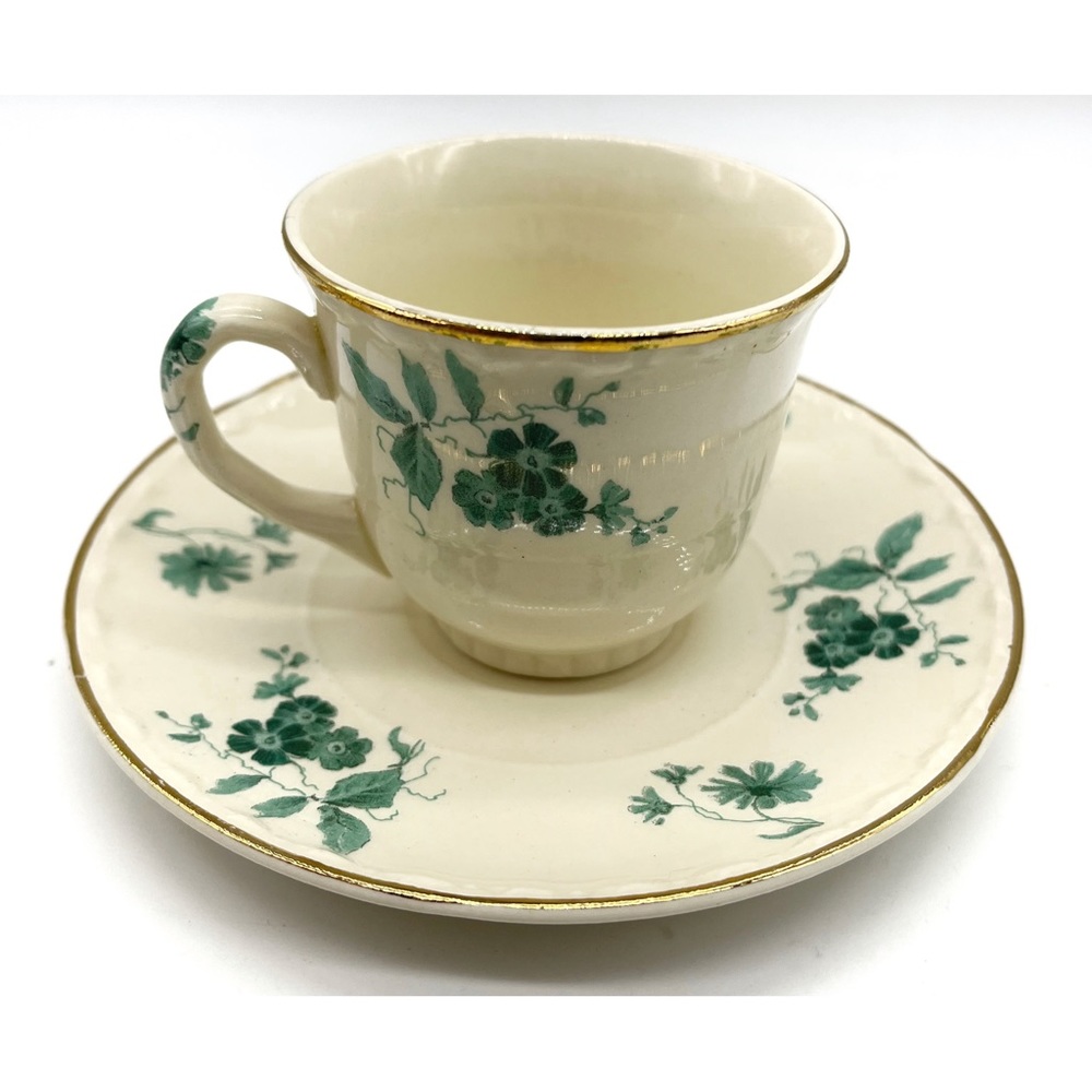Crocksville China Co USA Espresso Cup & Saucer  Green Floral Pattern Gold Rim